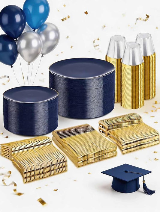 WDF 300PCS Navy Blue Plates Disposable - Blue Plastic Plates 50guest Heavy Duty Plastic Dinnerware Sets for Party/Wedding/Birthday/Graduation