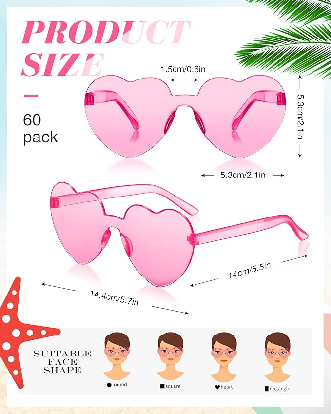Cindeer 60 Pairs Heart Sunglasses Frameless Heart Shaped Sunglasses Bulk Transparent Candy Color Trendy Fun Rimless Glasses for Women Party Favor, 30 Colors