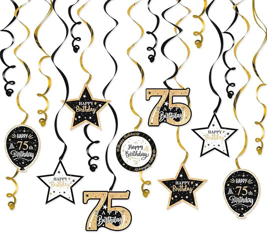 Happy 75th Birthday Black & Gold Glitter Swirls Streamers Party Decorations - 15 Pcs 75th Birthday Hanging Swirls Streamers Kit,Perfect for 75th Bday Party Sign.