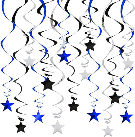 BEISHIDA Blue Black Silver Stars Hanging Swirls Graduation Hanging Ornament Decorations for Birthday Party Retirement Congrats Grade 2026 Graduation Decorations,Pack of 15