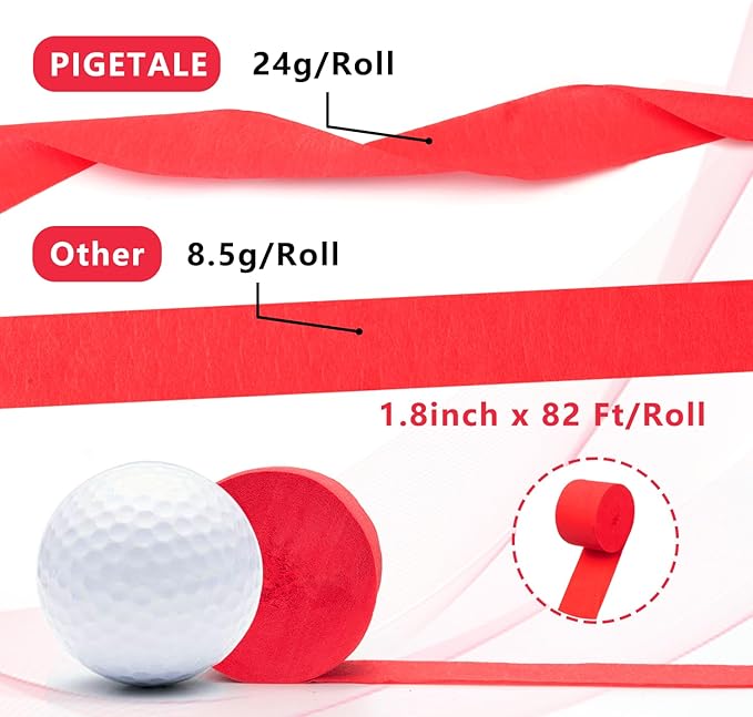 PIGETALE Crepe Paper Streamers 4 Rolls 328ft, Pack of Red Crepe Paper for Party Decorations Wedding Graduation Carnival Casino Theme Birthday Anniversary Engagement Bachelorette Bridal Shower Decor