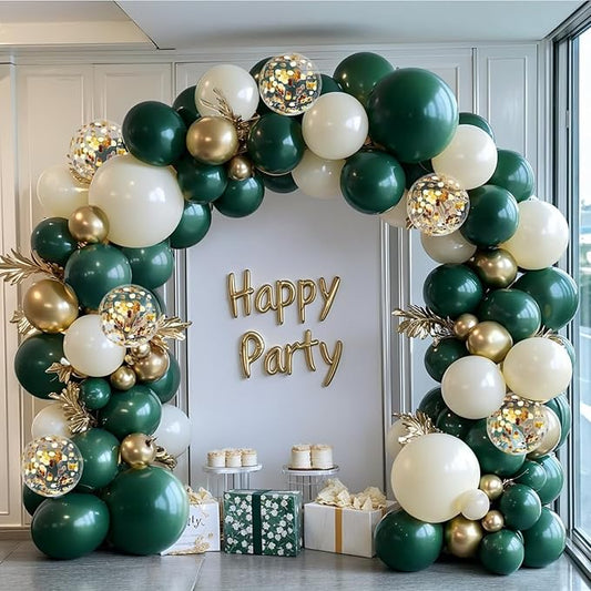 Emerald Green and Gold Balloons Arch Kit, Double Stuffed Dark Hunter Forest Green Pearl Sand White Metallic Gold Balloons for Wedding First Communion Birthday Graduation Party Decorations