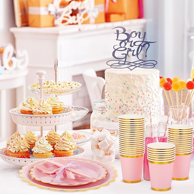Ziliny 350 Pcs Light Pink Plates and Napkins Party Supplies for Guests Woodland Baby Shower Tableware Include Scalloped Plates Paper Napkin Cup Spoon Fork Knife for Wedding, Birthday