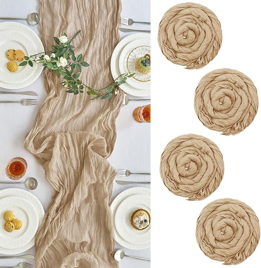IVAPUPU 4 Pcs Cheesecloth Table Runner - 10ft Nude Spring Boho Gauze Cheese Cloth Table Runners for Baby Shower Decoration Wedding Party Garden Farmhouse