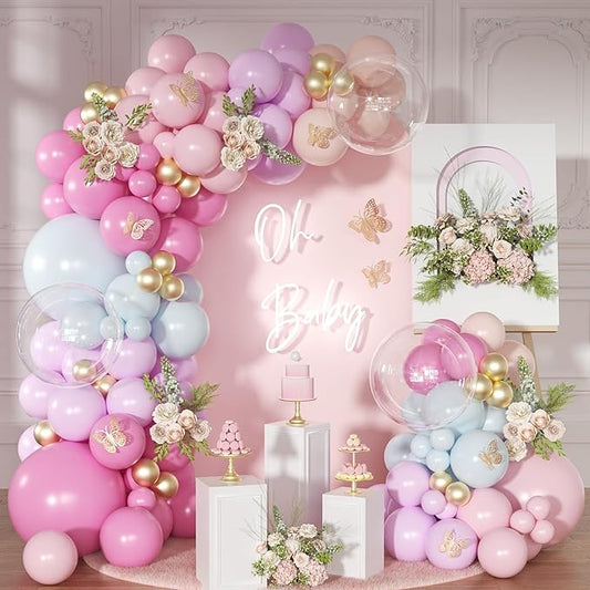 Light Pink and Blue Balloon Arch Kit, Princess Gold Pink Rose Orange Balloon Garland Kit for Wedding Birthday Baby Shower Gender Reveal Bridal Decorations