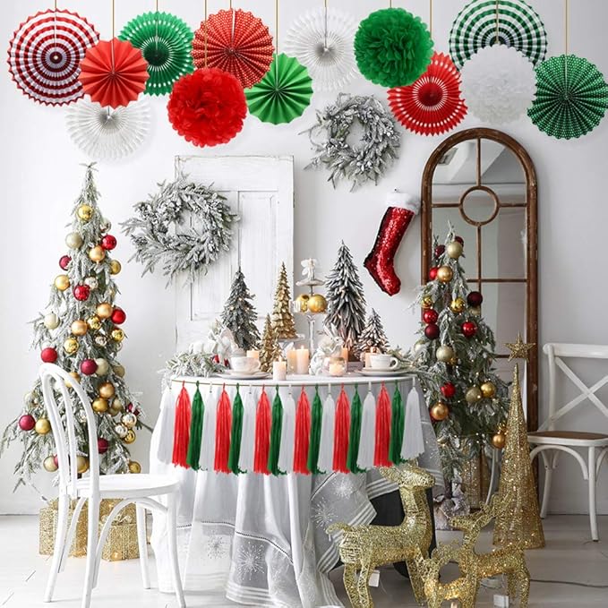 Red Green White Hanging Paper Fans Pom Poms Flowers Tissue Tassel Garland for Graduations Christmas St. Patrick's Day Party Decorations