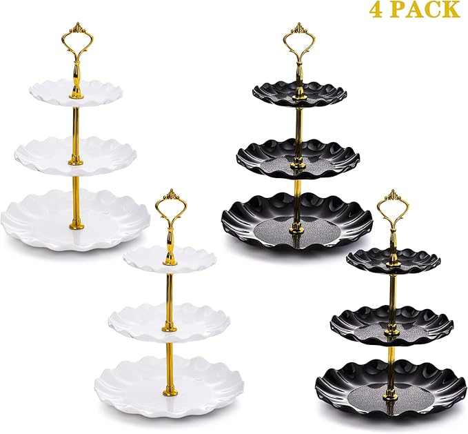 DEAYOU 4 Pack 3 Tier Cupcake Dessert Stand, Plastic Tiered Cake Stand Display Tower, Pastry Serving Tray Platter Rack Holder for Buffet, Cookie, Party, Wedding, Home Decor, White Gold, Black Gold