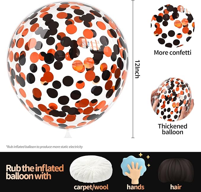 Orange Black Confetti Balloons 25 Pcs, 12 Inch Thickened Clear Latex Balloon with Confetti Inside for Halloween Party Decorations Birthday Baby Shower Bridal Shower Decoration Supplies