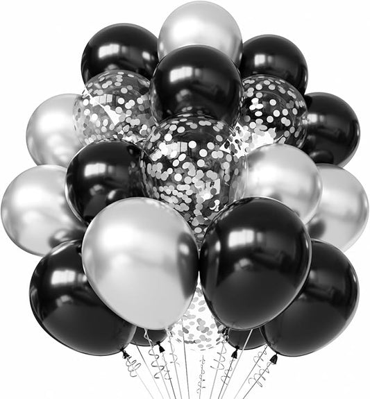 Black and Silver Balloons, 50pcs 12 inch Black and Silver Confetti Balloons for New Years Theme Party Supplies Wedding Birthday Graduation Party Decorations