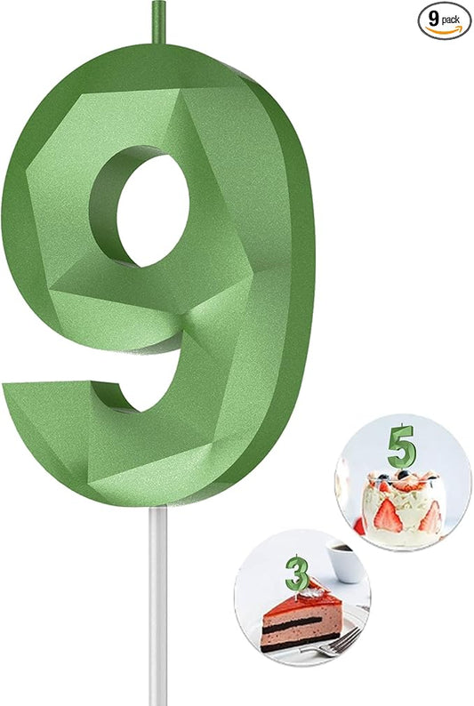 Number Birthday Candles(9 Candle Green) 3D Diamond Shape Number Happy Birthday Cake Candles for Birthday Party Wedding Decoration Reunions Theme Party