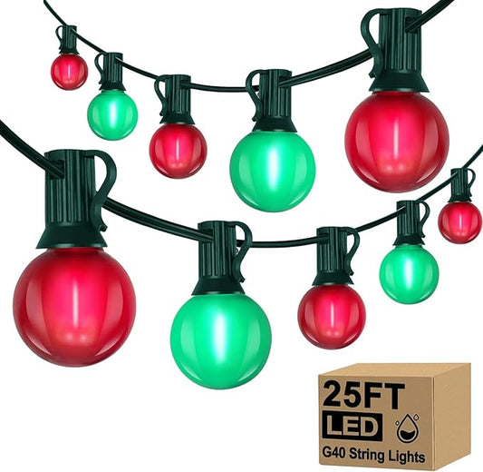 25Ft LED Christmas Outdoor String Lights, G40 Globe String Lights with 27 0.6W Red Green Bulbs, Vintage Christmas Lights for Holiday Party Backyard Wedding Garden Patio Porch Decor