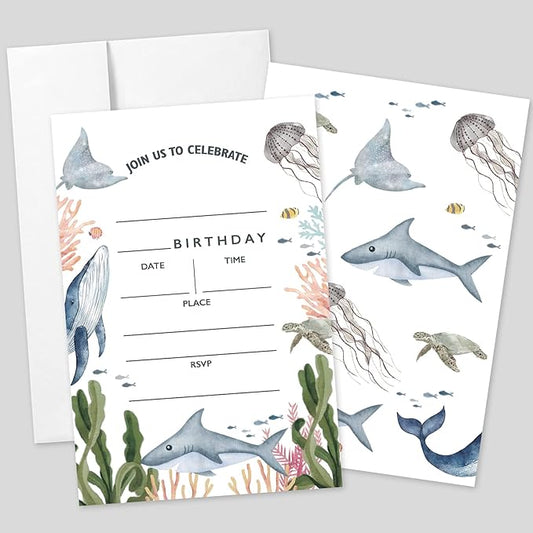 AEHIE 20 Sets Under the Sea Birthday Party Invitations With Envelopes, Sea Creatures Whale Turtle Shark Jellyfish Double-sided Printed Birthday Party Invite Cards for Kids & Adults