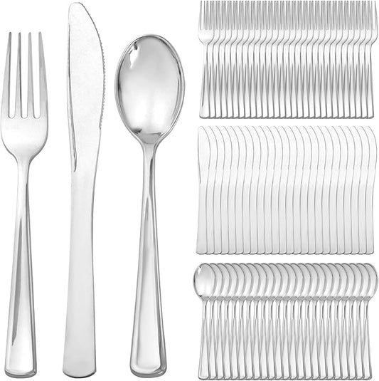 Supernal 360pcs Silver Plastic Silverware Set - Heavy Duty Disposable Silver Cutlery (120 Forks, 120 Spoons, 120 Knives) | Modern Bulk Plastic Utensils for Wedding, Catering & Large Events