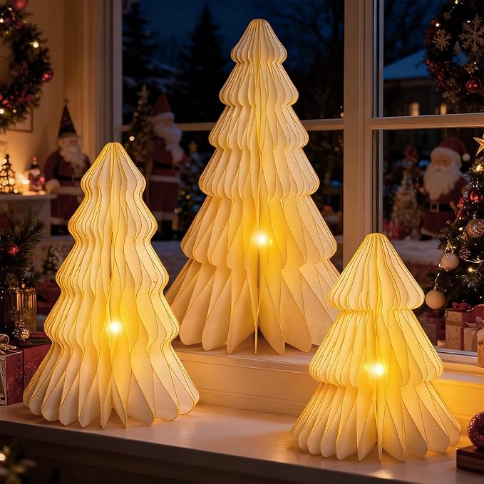 Christmas Table Decorations Indoor, 5 Pcs Large White Honeycomb Paper Christmas Trees, Vintage Light Up Table Centerpieces for Xmas Winter Wonderland Holiday Party Weddings Home Decor, 12/14/16 Inch