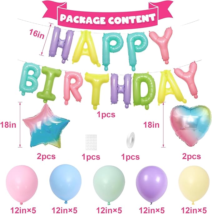 Pastel Rainbow Birthday Decorations,Pastel Blue Green Yellow Purple Pink Balloons Happy Birthdays Balloon Banner for Girls Boys Kids Birthday Baby Shower Party Decorations