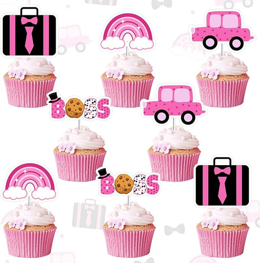 36Pcs Boss Cupcake Toppers for Girls Hot Pink Happy Bossday Theme Birthday Party Decorations Car Boss Theme Table Topper for Baby Boy Boss 1st 2nd 3rd Birthday Party Decor Supplies