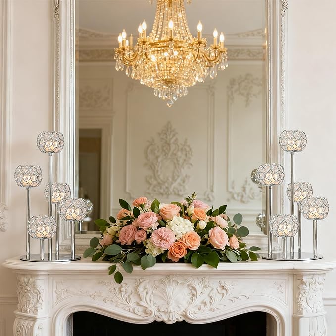 5-Arm Crystal Tealight Candelabra Centerpiece, 14.8 Inch Metal Candle Holder for Table Decor, Wedding, Christmas, Party, Anniversary & Home Decoration (2, Silver, S-14.8 in)
