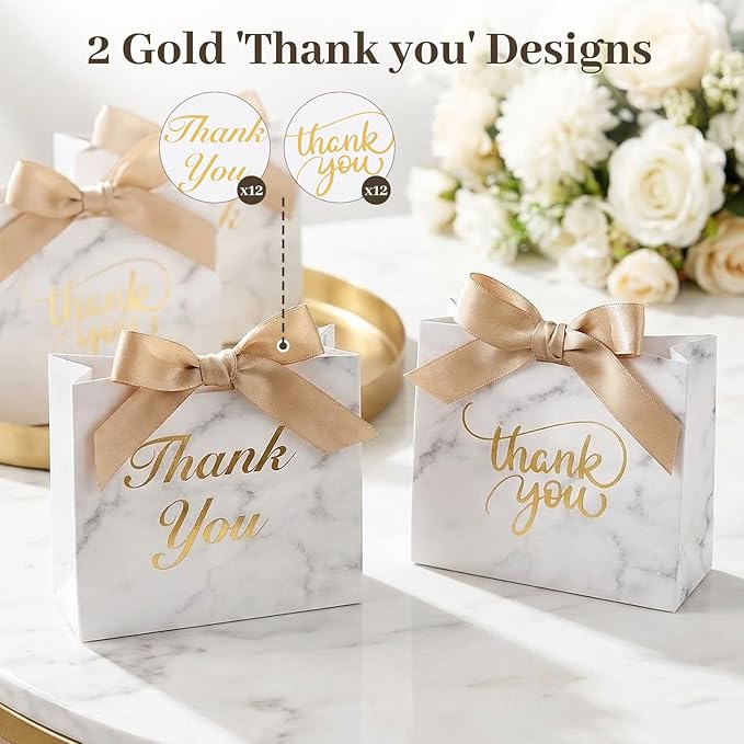 VGOODALL 24PCS Thank You Gift Bags, 4.5x3.9x1.8Inches Mini Party Favor Bags White Treat Boxes with Bow Ribbon for Wedding Bridal Baby Shower Birthday Party
