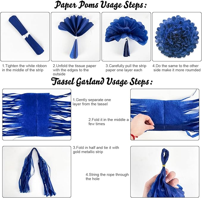 Navy Blue White Silver Party Decorations,46pcs Kit Balloon Paper Pompom Tassel Garland Men Blue and Silver Graduation Decorations Wedding Baby Bridal Shower Birthday Decor