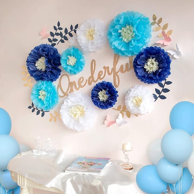 Fonder Mols Tissue Paper Chrysanth Flowers with Butterfly and Olive Leaves for Wedding Baby Shower Nursery Room Parties & Events Decorations Pom Poms (Navy Turquoise White)