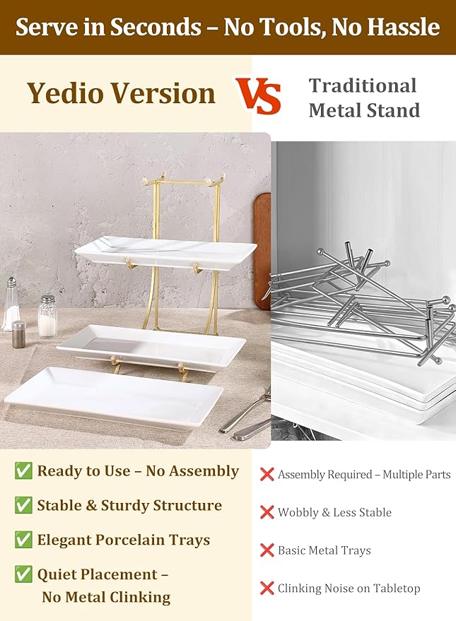 3 Tier Serving Tray Set – 12 Inch Porcelain Serving Platters with Pre-Assembled Gold Metal Stand, No Installation Required, Tiered Tray for Dessert Fruit Food Display and Party Entertaining