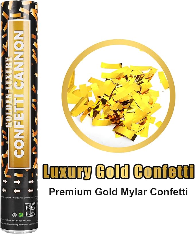 Confetti Cannon, 5 Packs Gold Confetti Poppers, 12 inch Party Poppers Confetti Shooters for Birthday, Wedding, Graduation, Anniversary, Parties, Christmas, New Year's Eve and Any Celebration