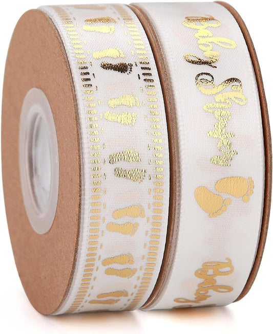 Meseey 20 Yards Welcome Baby Ribbon White and Gold Foot Print Ribbons for Crafts Cake Baby Shower Birthday,Gift Wrapping, Party Decoration (5/8", White-bs)