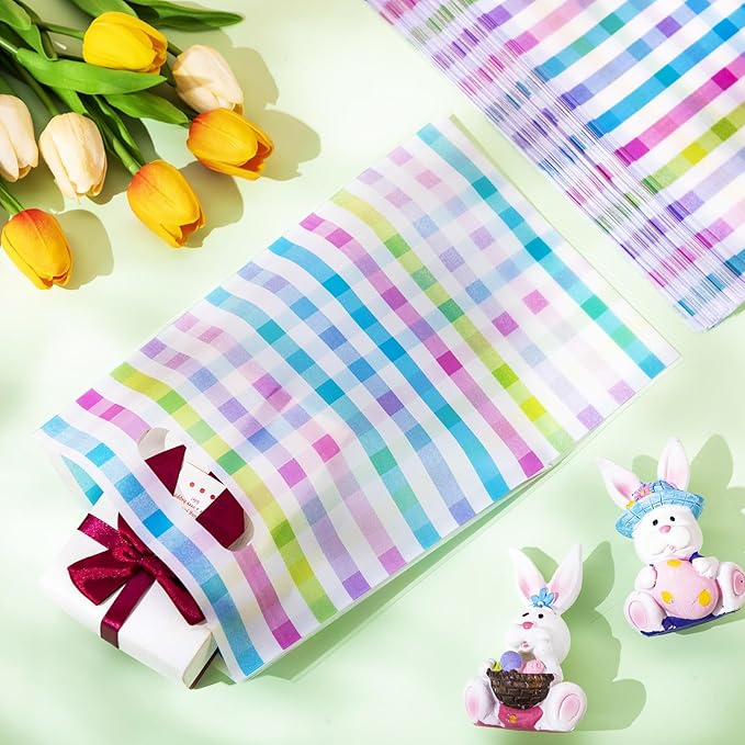 Epakh 100 Pcs Easter Checkered Gift Bags Bulk Plastic Goody Bags with Handles Pastel Rainbow Color Plaid Candy Gift Bag for Easter Baby Shower Spring Birthday Party Supplies