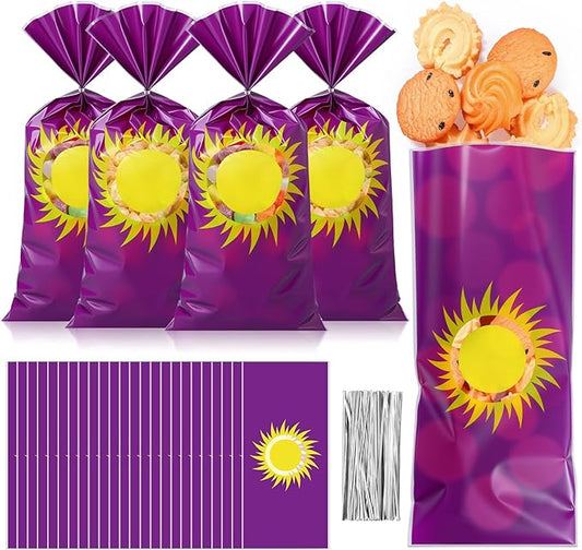 Funrous 100 Pcs Purple Princess Party Favor Bags - Purple Golden Sun Candy Goodie Bags Lavender Cellophane Party Decorations with Twist Ties for Bridal Shower Birthday