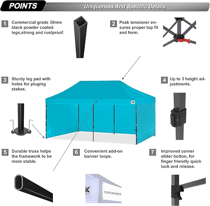 ABCCANOPY Heavy Duty Easy Pop up Canopy Tent with Sidewalls 10x20, Turquoise