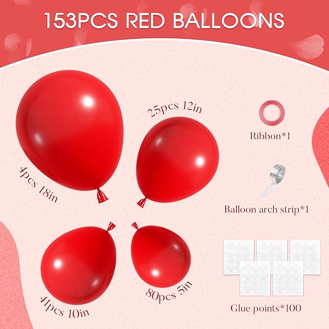 Amandir 153pcs Red Balloons Arch Garland Kit Different Sizes 18 12 10 5 Inch Red Latex Balloon for Birthday Wedding Anniversary Cherry Casino Movie Valentine's Day Christmas Party Decorations