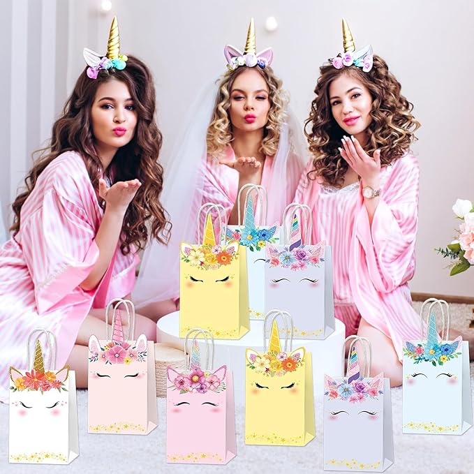 ZOIIWA 24Pcs Unicorn Party Favor Bags Rainbow Themed Treat Bags Pastel Unicorn Candy Goodie Bag Princess Paper Gift Bag with Handle Decorations for Birthday Baby Shower Wedding Party Decor Supplies