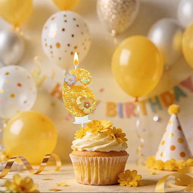 Yellow Birthday Candle, Flower Number Birthday Candles for Cake, Ideal Birthday Parties Cake Decor, Wedding Anniversary and Other Celebrations (6 Candle, Yellow)