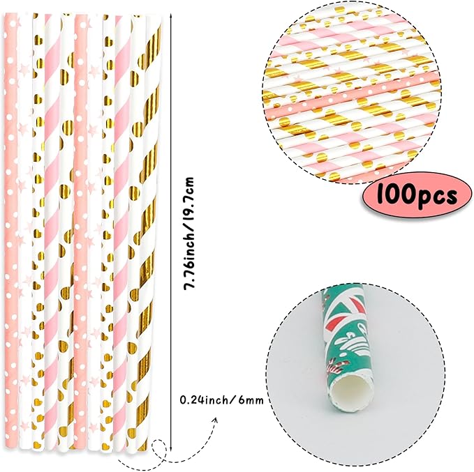 100 Pack Glitter Valentine's Day Paper Straws, Gold & Pink Disposable Drinking Straws for Valentine's Day,Christmas, Holiday Celebrations, Bridal Shower, Wedding Birthday Party Supplies