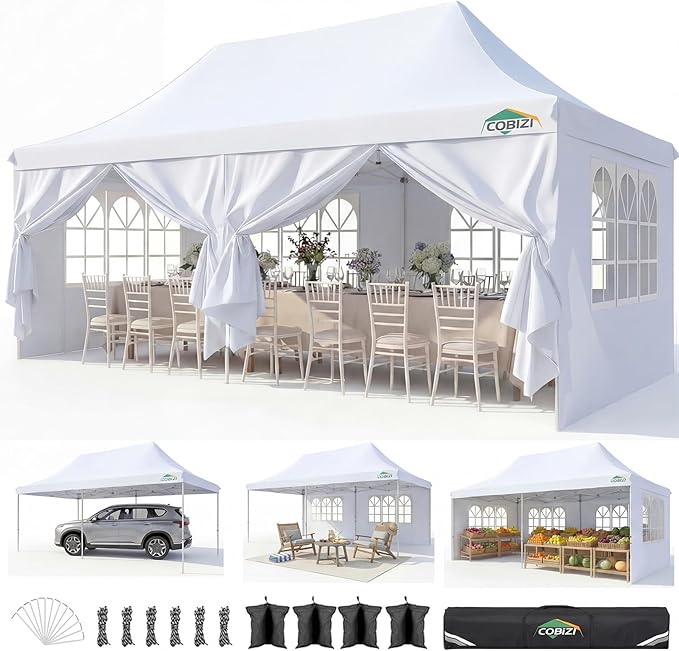 COBIZI 10x20 Pop Up Canopy with 6 Sidewalls, Conical Canopy Tents for Parties, Backyard, Commercial, Waterproof Event Tent Instant Shelter UV50+ Outdoor Gazebo with 4 Sandbags (Peak Drainage)