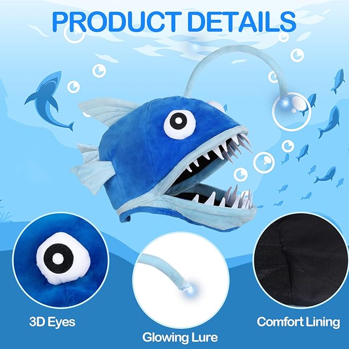 Fish Costume Hat for Adult and Kid, Angler Fish Light up Costume Hat for Halloween/Themed Parties/Cosplay Events