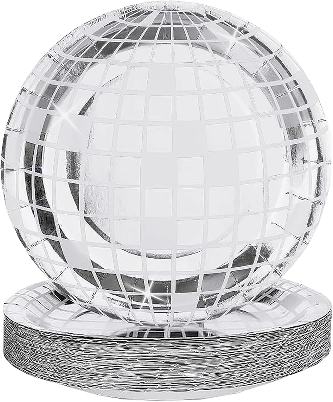 FunisFun Disco Plates 25P Disposable Disco Ball Plates for 70s Disco Party Decorations Wedding Birthday Bachelorette Party 7"