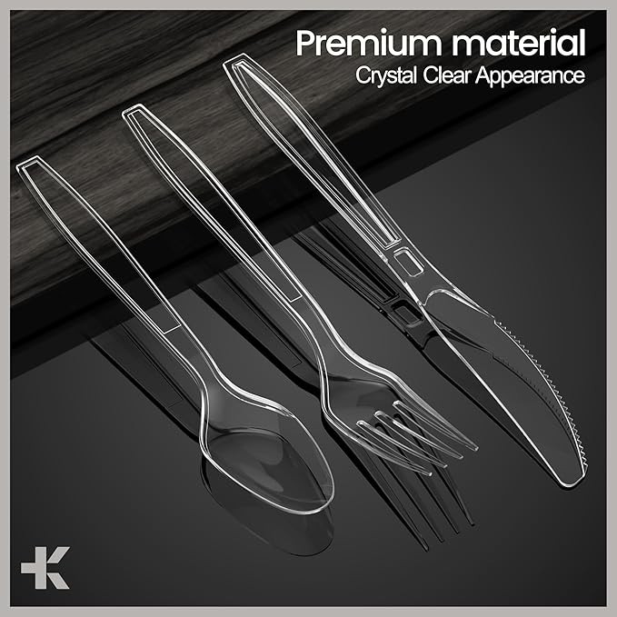 Bakken Disposable Cutlery Set 1000 Pieces of Forks, Knives & Spoons, Heavy Duty Plastic Silverware, BPA-Free Food-Grade Materials, Heat-Resistant, Reusable Utensils for Parties and Everyday Use, Clear