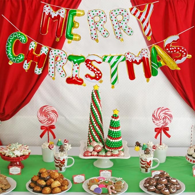 MERRY CHRISTMAS Balloon Banner, Red Green Gold Happy Christmas Style Sign for Xmas Party Decorations, 16 Inches Foil Donut Balloons Letter for Christmas Themed Indoor Outdoor Decor