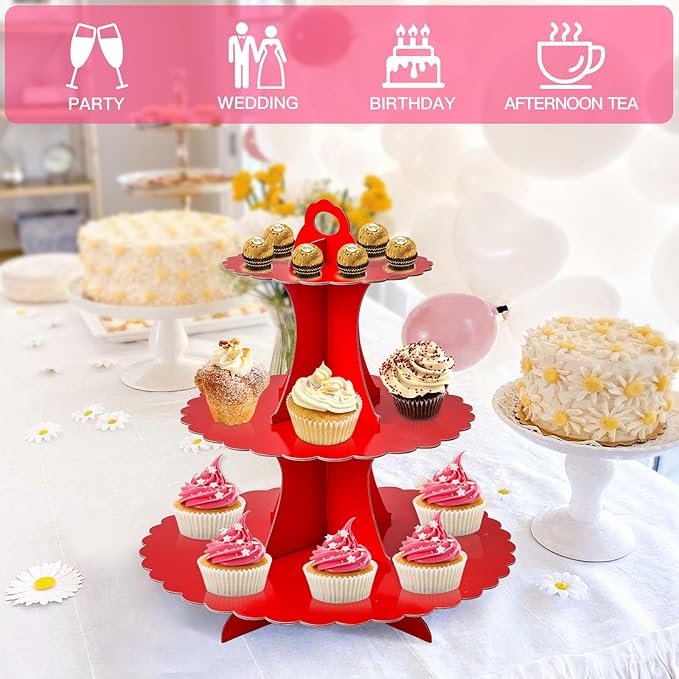 Soleebee 3-Tier Cupcake Stand, Cardboard Cupcake Tower, Dessert Cup Cake Stand Tower for Birthday Wedding Party Decoration, Cupcake Tier Stand 1 Set (Red)
