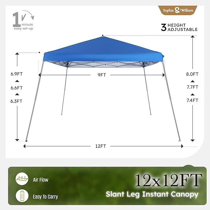 Sophia & William Canopy Tent Pop Up 12x12ft Base/9x9ft Top Easy Set Up Tent Slant Legs, Outdoor Canopies Shelter Heavy Duty with 4 Sandbags, 1 Roller Bag & Storage Bag, 8 Stakes & 4 Guy Ropes UPF50+