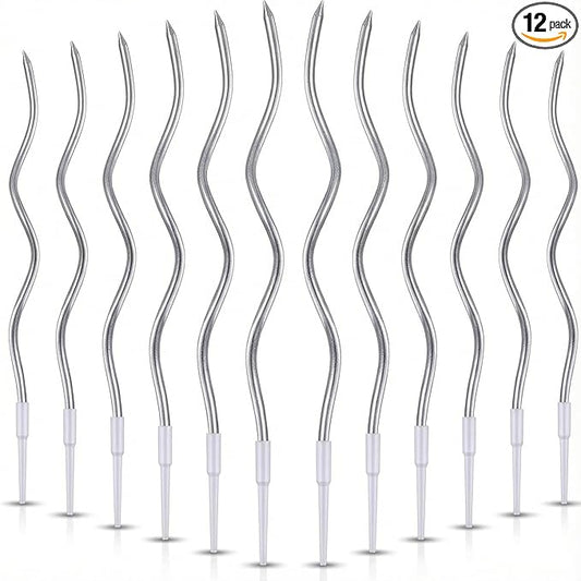 12-Count Spiral Birthday Candles, Long Twisty Party Silver Candles with Candle Holders, Long Burning for Weddings, Birthdays, Party Decorations, Cupcakes, Anniversary and Meetups (Silver)