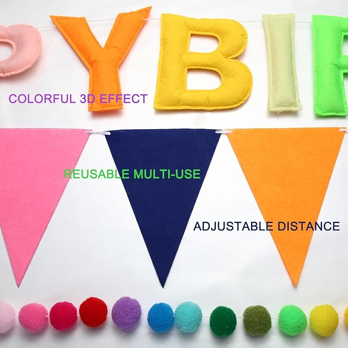 Pre-Strung Happy Birthday Banner, Felt Ball Garland Happy Birthday Garland, Rainbow Decorations Decor Party Pennant, Multicolor Bunting String Triangle Flags Bulk Rainbow Bunting