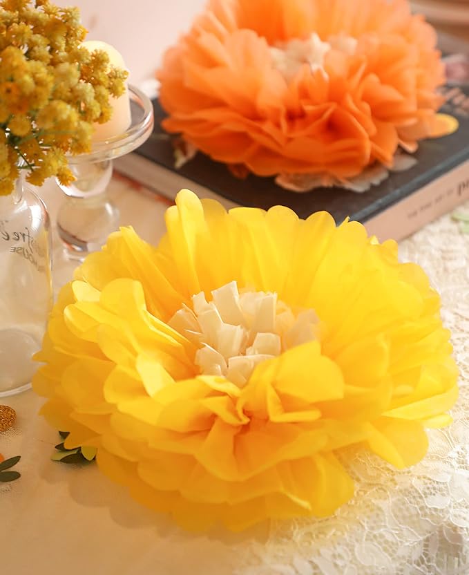 Fonder Mols Tissue Paper Chrysanth Flowers with Butterfly and Olive Leaves for Wedding Baby Shower Nursery Room Parties & Events Decorations Pom Poms (Yellow Orange)