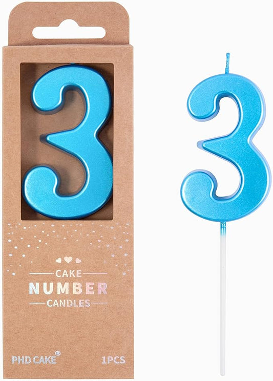 PHD CAKE 2.76 Inch Modern Blue 3 Number Birthday Candles, Blue Number Candles, Cake Number Candles, Party Celebration