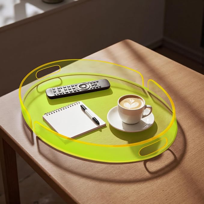 Acrylic Serving Tray with Handles Large Decorative Ottoman Tray 17x13'' Round for Bathroom Food Coffee Fruit Snack Tea Dinner Living Room, Neon Green