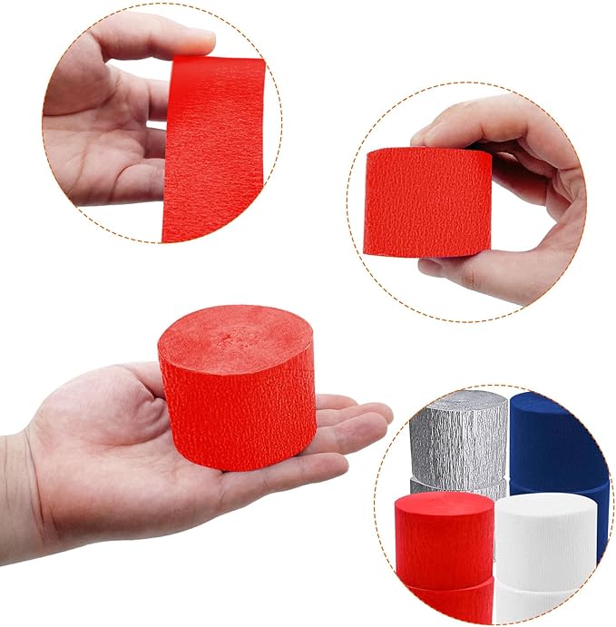 PheiLa Crepe Paper Streamers 4 Rolls 328ft, Red White Blue Silver Paper Party Streamers Patriotic Decorations for 4th of July Independence Day Memorial Day Birthday Wedding Party Decoration