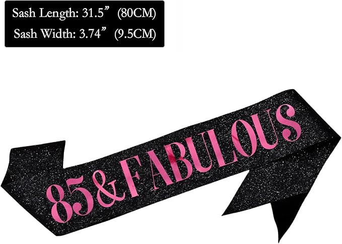 85 & Fabulous Sash, Funny 85th Birthday Sash for Women 85th Bday Party Photo Prop Favors Suppiles, Pink Foil Letter, Glitter Black