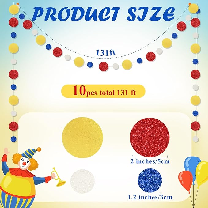 Outus 10 Pieces Colorful Circle Garland Banner Hanging Paper Dot Decorations for Classroom, Birthday Party, Baby Shower, Wedding Backdrop & Photo Booth Graduation Decor (Red,Blue,Yellow)