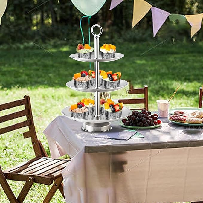 3 Tier Silver Metal Cupcake Stand Holder,Stainless Steel Cup Cake Stand Tower with Tiered Serving Tray and Base for Parties,Weddings,Birthdays and Any Festivals and Celebrations(with Base)